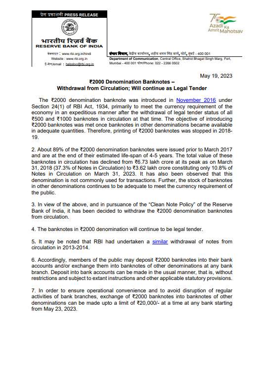 ₹2000 Denomination Banknotes – Withdrawal from Circulation; Will continue as Legal Tender-RBI